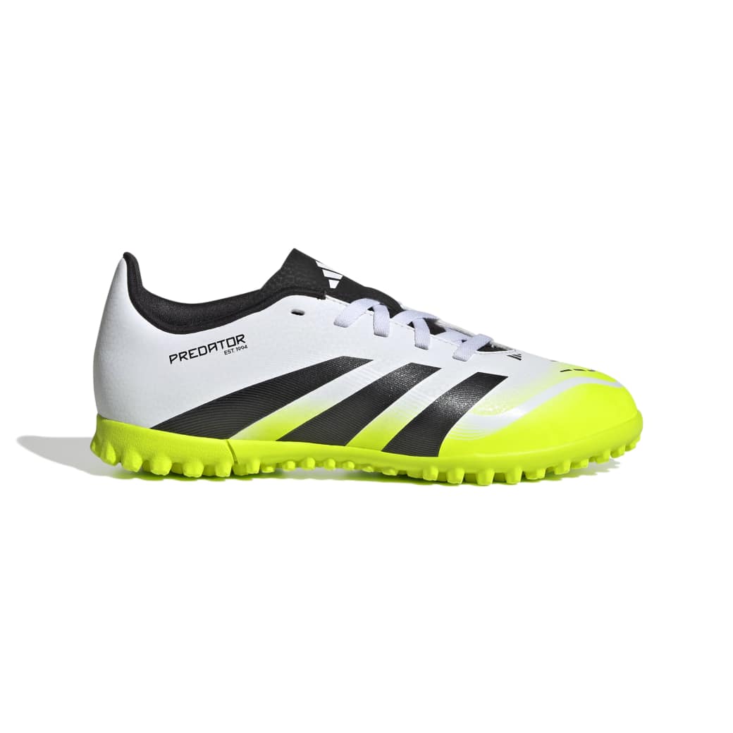 Chuteira Adidas Predator Club Infantil branca com detalhes pretos e amarelos vista lateral